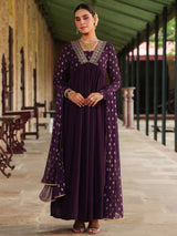Women's Purple Georgette Embroidered Gold Printed Anarkali Kurta With Dupatta Set With Dupatta