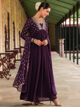 Women's Purple Georgette Embroidered Gold Printed Anarkali Kurta With Dupatta Set With Dupatta