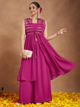 Women's Pink Georgette Sequinned Front-slit Kurta With Crop Top & Palazzo Set