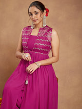 Women's Pink Georgette Sequinned Front-slit Kurta With Crop Top & Palazzo Set