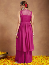 Women's Pink Georgette Sequinned Front-slit Kurta With Crop Top & Palazzo Set