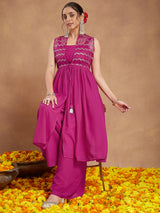 Women's Pink Georgette Sequinned Front-slit Kurta With Crop Top & Palazzo Set