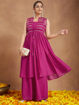 Women's Pink Georgette Sequinned Front-slit Kurta With Crop Top & Palazzo Set