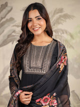 Women's Black Chanderi Silk Yoke Embroidery Straight Kurta With Pant & Dupatta Set With Dupatta