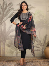 Women's Black Chanderi Silk Yoke Embroidery Straight Kurta With Pant & Dupatta Set With Dupatta