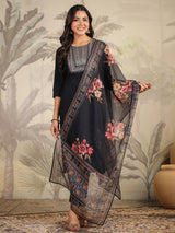 Women's Black Chanderi Silk Yoke Embroidery Straight Kurta With Pant & Dupatta Set With Dupatta