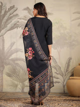 Women's Black Chanderi Silk Yoke Embroidery Straight Kurta With Pant & Dupatta Set With Dupatta