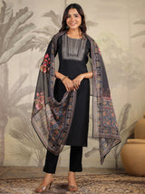 Women's Black Chanderi Silk Yoke Embroidery Straight Kurta With Pant & Dupatta Set With Dupatta