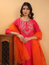 Women's Pink Chanderi Silk Yoke Embroidered Anarkali Kurta Set With Dupatta