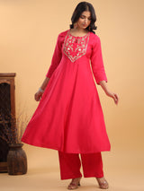 Women's Pink Chanderi Silk Yoke Embroidered Anarkali Kurta Set With Dupatta