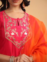 Women's Pink Chanderi Silk Yoke Embroidered Anarkali Kurta Set With Dupatta