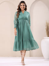 Women's Sage Green Dobby Chiffon Self Design Fit & Flare Dress