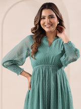 Women's Sage Green Dobby Chiffon Self Design Fit & Flare Dress