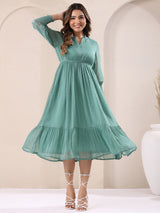 Women's Sage Green Dobby Chiffon Self Design Fit & Flare Dress