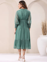 Women's Sage Green Dobby Chiffon Self Design Fit & Flare Dress
