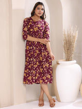 Women's Wine Pure Cotton Floral Printed Gathered Dress