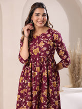 Women's Wine Pure Cotton Floral Printed Gathered Dress
