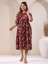 Women's Wine Pure Cotton Floral Printed Gathered Dress