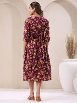 Women's Wine Pure Cotton Floral Printed Gathered Dress