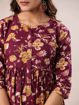 Women's Wine Pure Cotton Floral Printed Gathered Dress