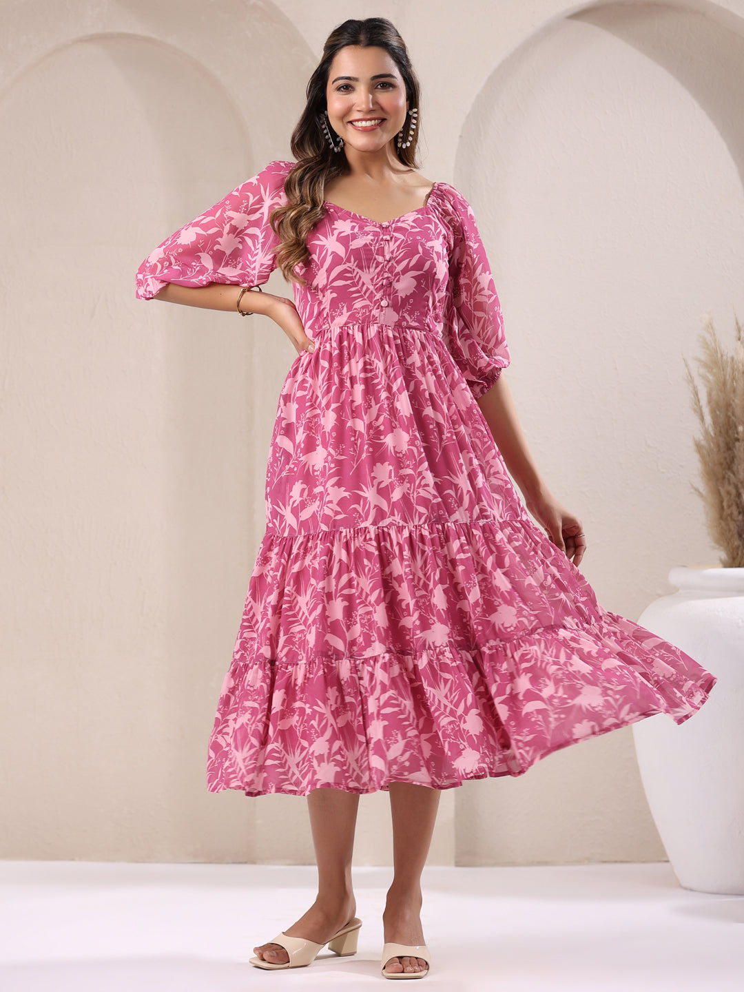Women's Pink Georgette Floral Printed Tiered Dress