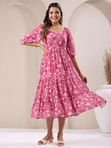 Women's Pink Georgette Floral Printed Tiered Dress