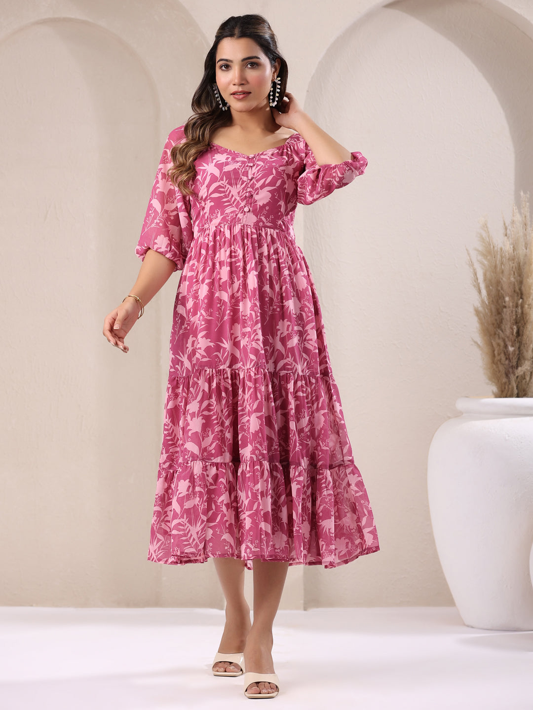 Women's Pink Georgette Floral Printed Tiered Dress