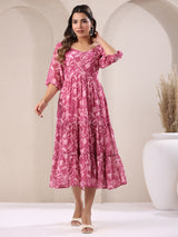 Women's Pink Georgette Floral Printed Tiered Dress
