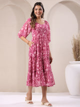 Women's Pink Georgette Floral Printed Tiered Dress