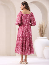 Women's Pink Georgette Floral Printed Tiered Dress