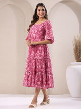 Women's Pink Georgette Floral Printed Tiered Dress
