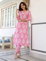 Women's Light Pink Pure Cotton Ethnic Motifs Printed Straight Kurta Pant Set