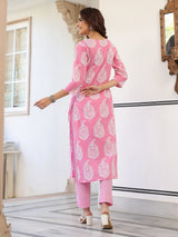 Women's Light Pink Pure Cotton Ethnic Motifs Printed Straight Kurta Pant Set