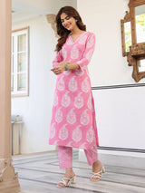 Women's Light Pink Pure Cotton Ethnic Motifs Printed Straight Kurta Pant Set