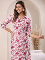 Women's White & Pink Pure Cotton Floral Printed Straight Kurta Pant Set