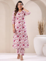 Women's White & Pink Pure Cotton Floral Printed Straight Kurta Pant Set