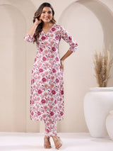 Women's White & Pink Pure Cotton Floral Printed Straight Kurta Pant Set