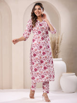 Women's White & Pink Pure Cotton Floral Printed Straight Kurta Pant Set