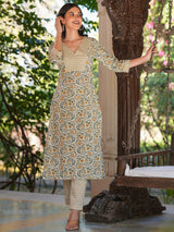 Women's Off White Pure Cotton Floral Printed Straight Kurta Set