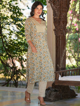 Women's Off White Pure Cotton Floral Printed Straight Kurta Set