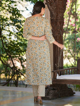 Women's Off White Pure Cotton Floral Printed Straight Kurta Set