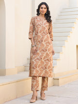 Women's Beige Pure Cotton Floral Printed Straight Kurta Pant Set