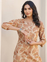 Women's Beige Pure Cotton Floral Printed Straight Kurta Pant Set