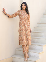 Women's Beige Pure Cotton Floral Printed Straight Kurta Pant Set