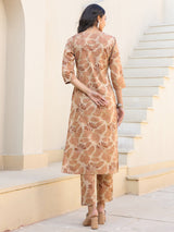 Women's Beige Pure Cotton Floral Printed Straight Kurta Pant Set