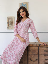 Women's Light Pink Pure Cotton Floral Printed Straight Kurta Pant Set