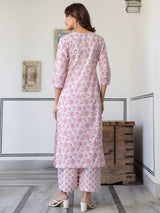 Women's Light Pink Pure Cotton Floral Printed Straight Kurta Pant Set
