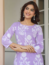 Women's Lavender Pure Cotton Floral Printed Straight Kurta Pant Set