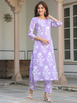 Women's Lavender Pure Cotton Floral Printed Straight Kurta Pant Set