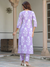 Women's Lavender Pure Cotton Floral Printed Straight Kurta Pant Set